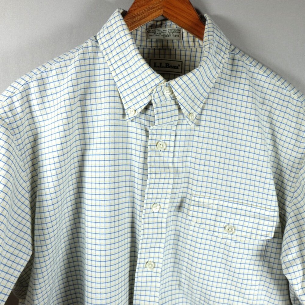 Vtg LL Bean Single Needle Short Sleeve White Button Down Size 17 Made In USA